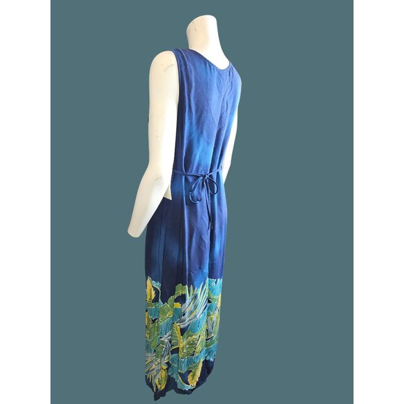 Darian Vintage Tropical Blue Sleeveless Dress Banana Leaf Print Waist Tie Size 6 - Picture 5 of 9
